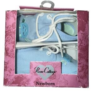 Vintage pair Rose Cottage Newborn baby shoes in light blue canvas white laces